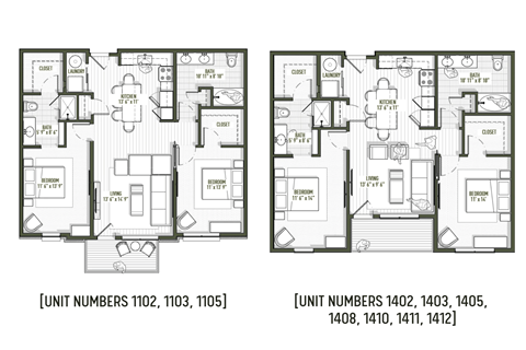 A floor plan of an apartment complex with two different unit layouts.